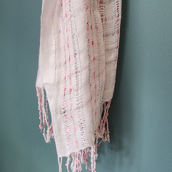 Lightweight Long Open Weave White & Pink Scarf - Picture 8 of 11